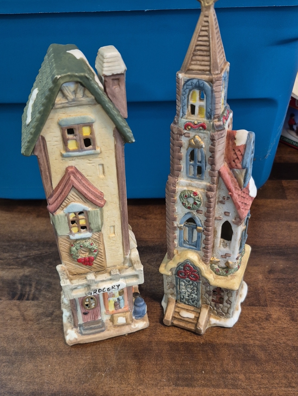 Holiday Ceramic Village Houses - Set of 2 in Green, Red, Cream